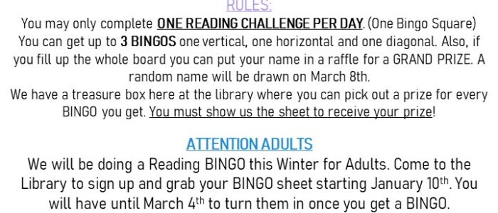 Winter Reading BINGO – Babies thru Adults – Starts January 10th
