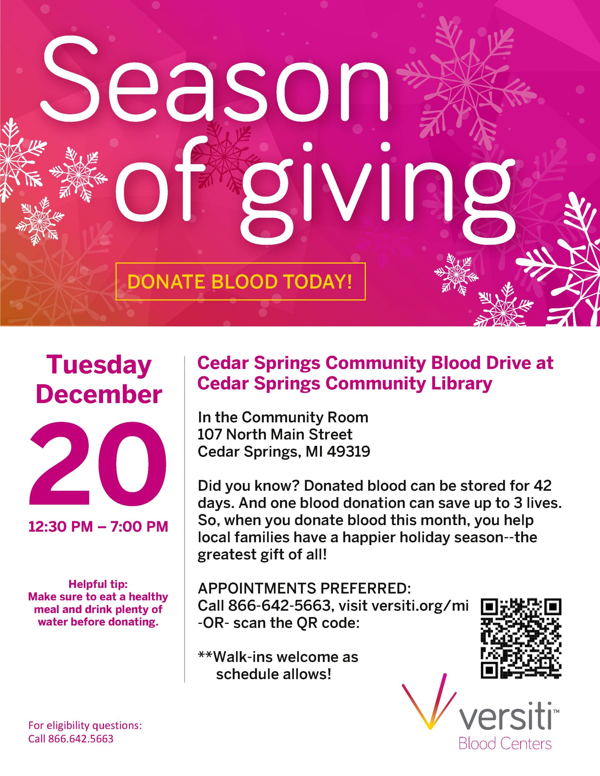 December 20th Versiti Blood Drive – Sign Up Now