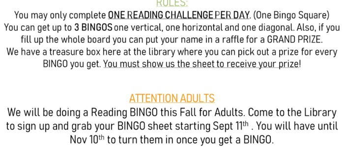 Fall Reading BINGO: Sept. 11th – Nov. 13th